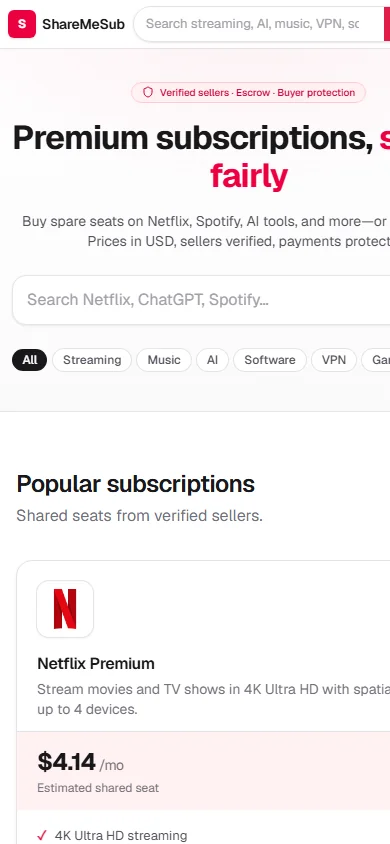 ShareMeSub mobile UI